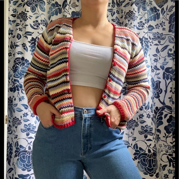 Vtg Rainbow Stripe Handmade Cardigan - Picture 2 of 8